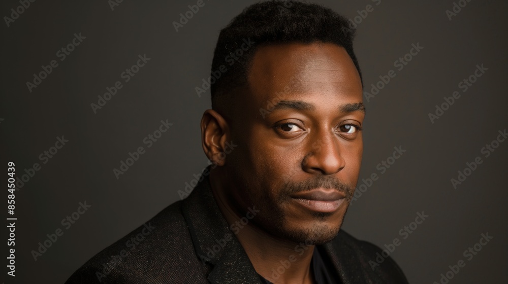 Close-up of a Black man with short black hair, in black jacket, looking at camera Close-up of a Black man with short black hair, in black jacket, looking at camera