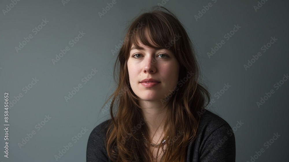 A woman with long brown hair and a neutral expression looks directly at the camera A woman with long brown hair and a neutral expression looks directly at the camera