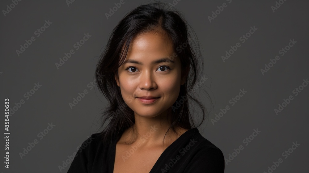 A portrait of a woman with long black hair, looking directly at the camera A portrait of a woman with long black hair, looking directly at the camera