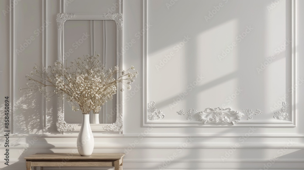 Mirror frame on walls with empty space and vase of flowers on table for backdrop Mirror frame on walls with empty space and vase of flowers on table for backdrop