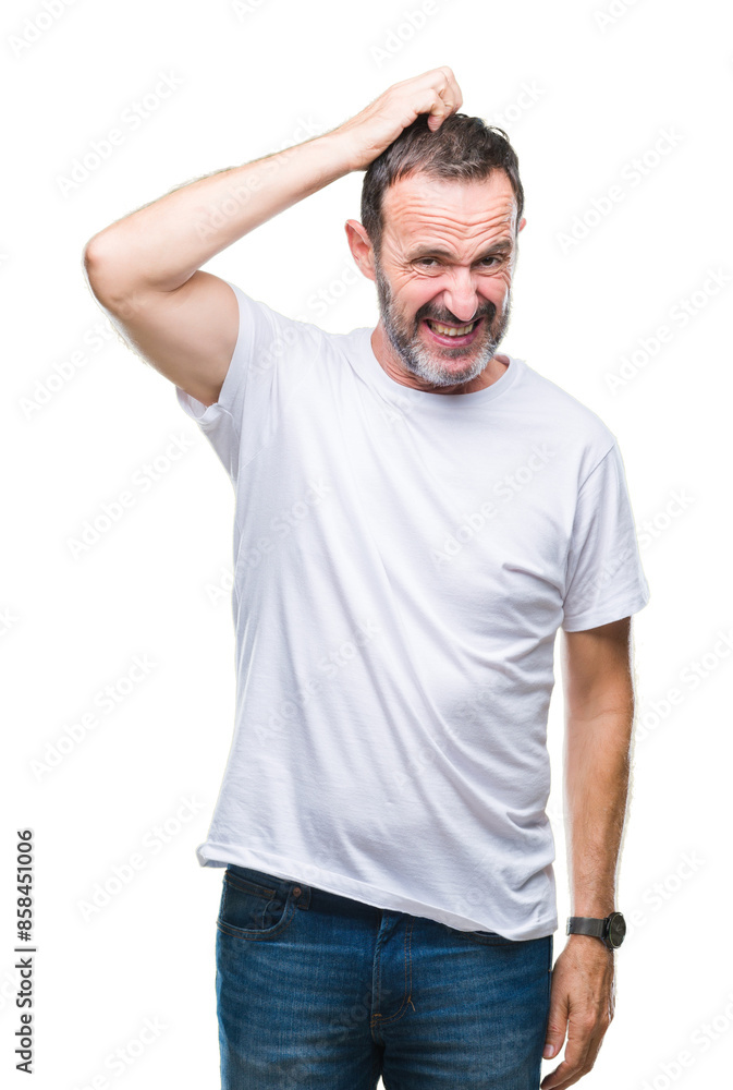 Middle age hoary senior man wearing white t-shirt over isolated background confuse and wonder about question. Uncertain with doubt, thinking with hand on head. Pensive concept. Middle age hoary senior man wearing white t-shirt over isolated background confuse and wonder about question. Uncertain with doubt, thinking with hand on head. Pensive concept.