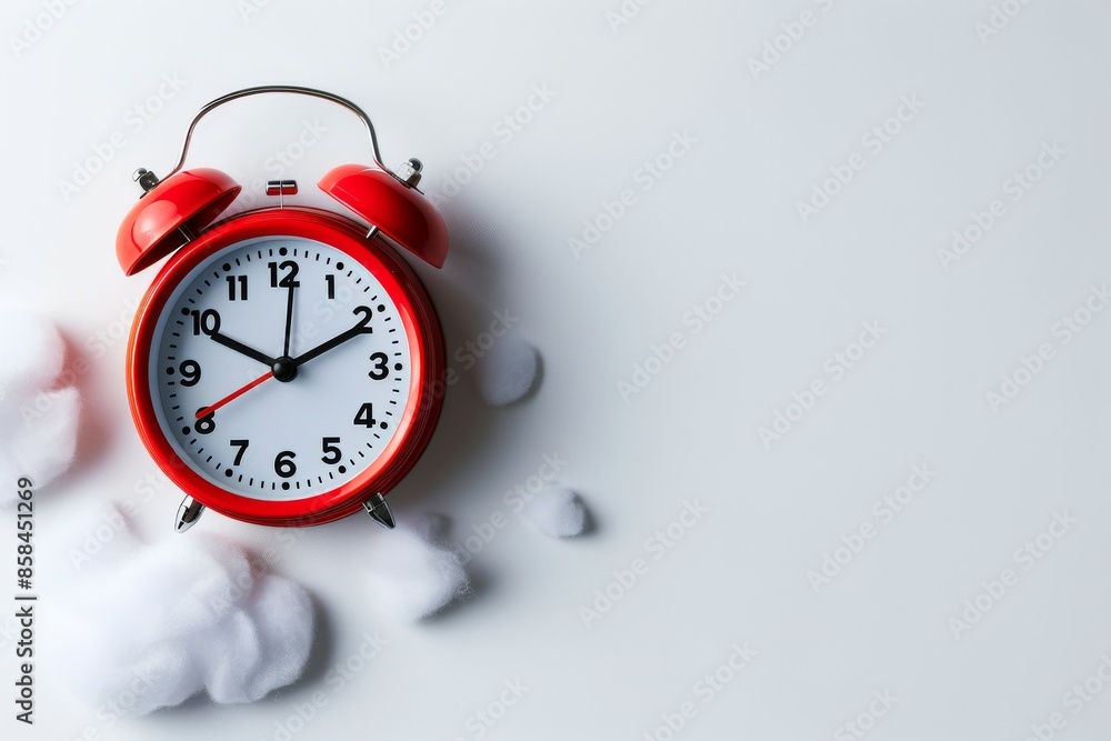 Red alarm clock on white background, home environment, perfect for articles about regimen and daily schedule, copy space, place for text Red alarm clock on white background, home environment, perfect for articles about regimen and daily schedule, copy space, place for text