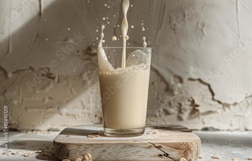 Milk Pouring Into A Glass With Splash on Wooden Cutting Board