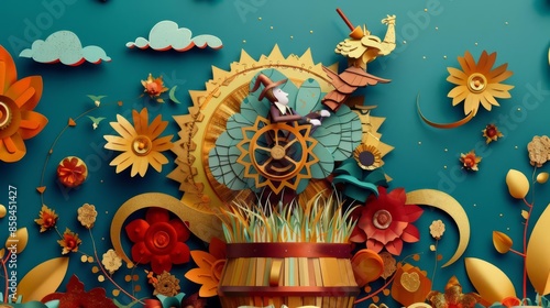 Flat illustration in paper art style of Rumpelstiltskin spinning straw into gold, intricately detailed and colorful photo