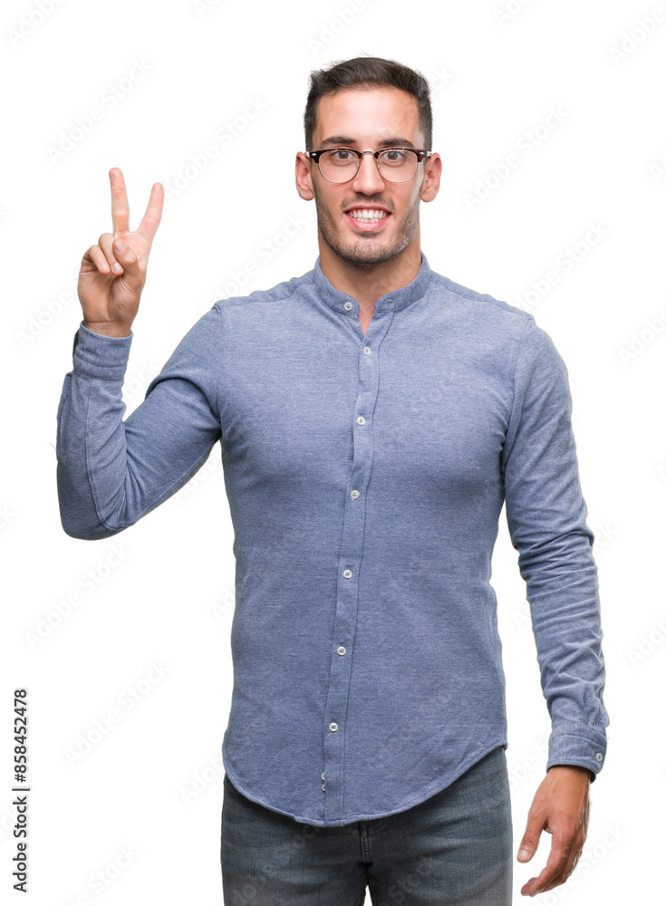 Handsome young elegant man wearing glasses showing and pointing up with fingers number two while smiling confident and happy. Handsome young elegant man wearing glasses showing and pointing up with fingers number two while smiling confident and happy.