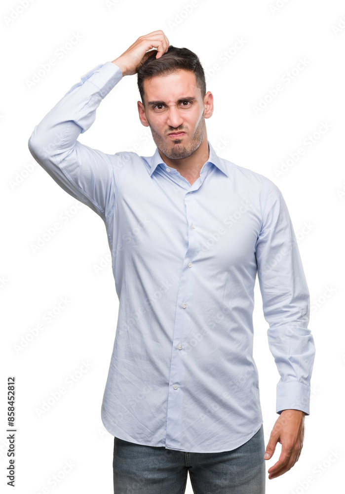 Handsome young businessman confuse and wonder about question. Uncertain with doubt, thinking with hand on head. Pensive concept. Handsome young businessman confuse and wonder about question. Uncertain with doubt, thinking with hand on head. Pensive concept.