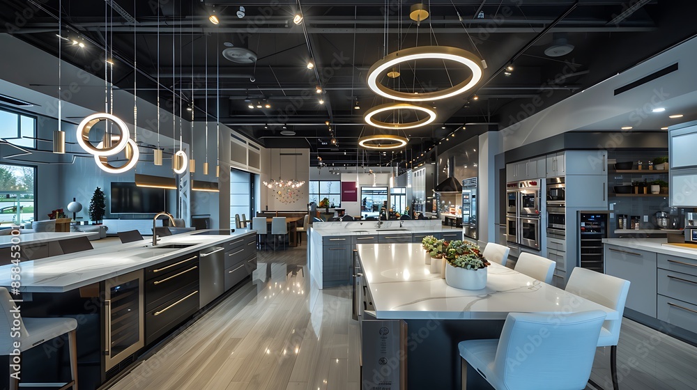 Picture of gourmet kitchen showroom with above-counter lighting that customers can ...