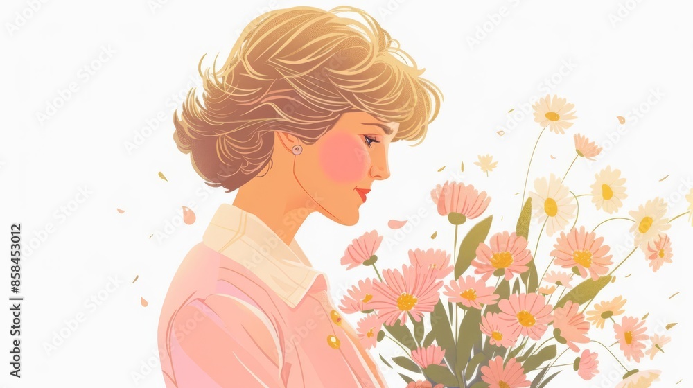 An illustration of a woman with short blonde hair and a pink jacket smelling a bouquet of daisies. The background is white. An illustration of a woman with short blonde hair and a pink jacket smelling a bouquet of daisies. The background is white.