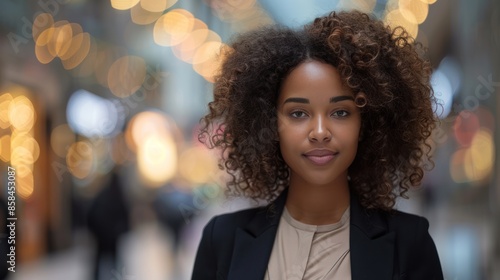 Curly-haired African American Businesswoman Succeeds with Phone on Bokeh Background