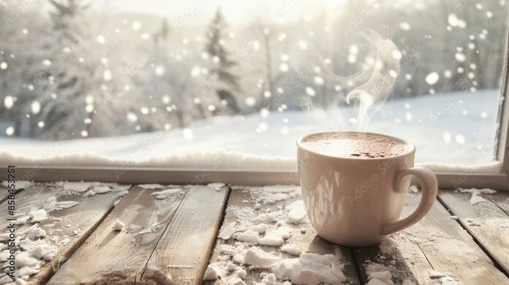 Steaming mug of hot cocoa on a snowy windowsill Steaming mug of hot cocoa on a snowy windowsill