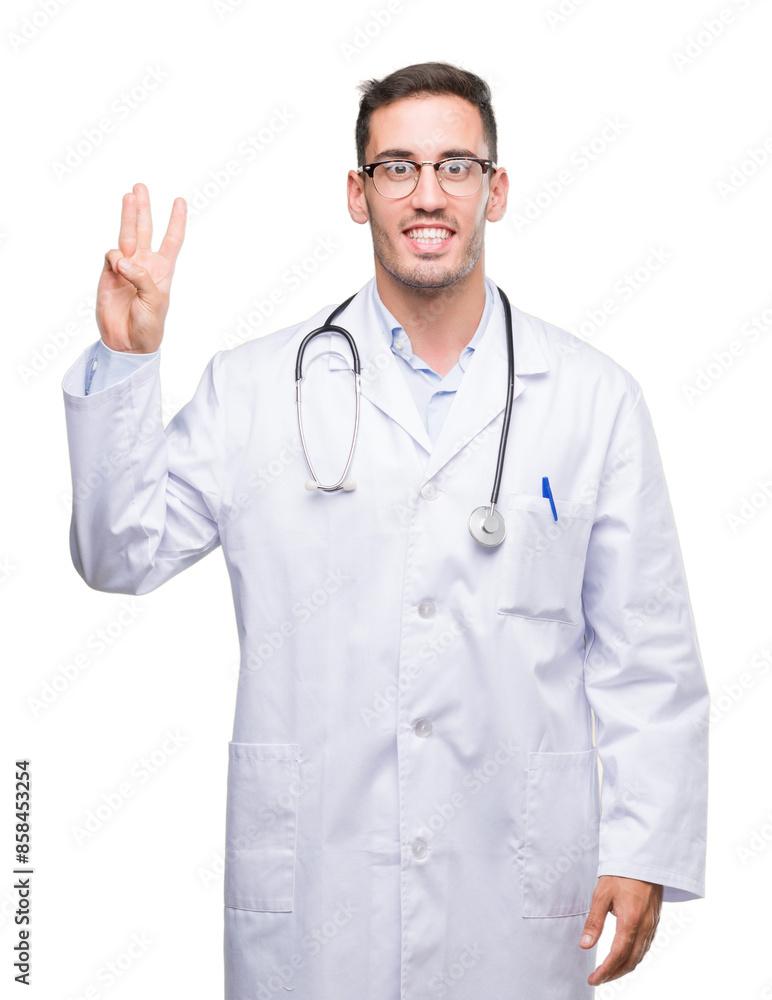 Handsome young doctor man showing and pointing up with fingers number three while smiling confident and happy. Handsome young doctor man showing and pointing up with fingers number three while smiling confident and happy.