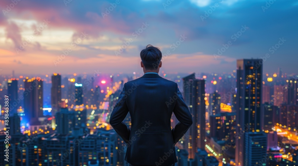 Businessman standing on rooftop overlooking cityscape at sunset Businessman standing on rooftop overlooking cityscape at sunset