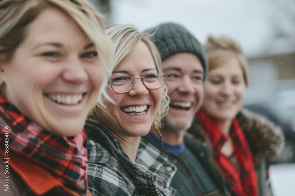 Group of friends smiling and looking at camera. Focus on woman. Group of friends smiling and looking at camera. Focus on woman.