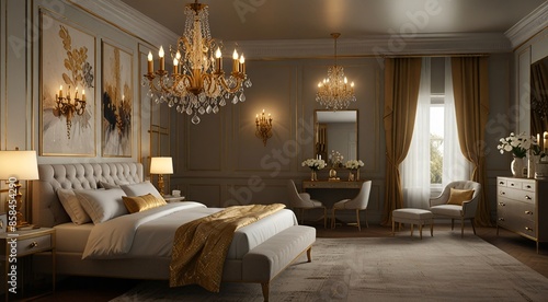 Luxurious gold and beige bedroom interior with elegant crystal chandeliers, tufted bed, and classic furniture, perfect for high-end design concepts.