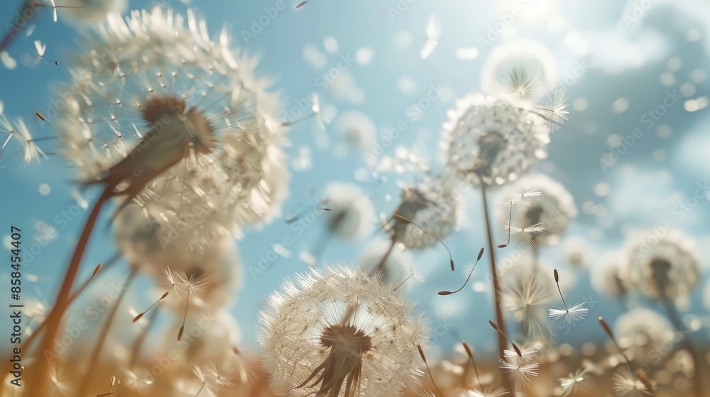 Dandelion seeds floating in summer breeze altering growth and direction perspective Inspiring flora in natural spring setting Eco friendly scenery Dandelion seeds floating in summer breeze altering growth and direction perspective Inspiring flora in natural spring setting Eco friendly scenery