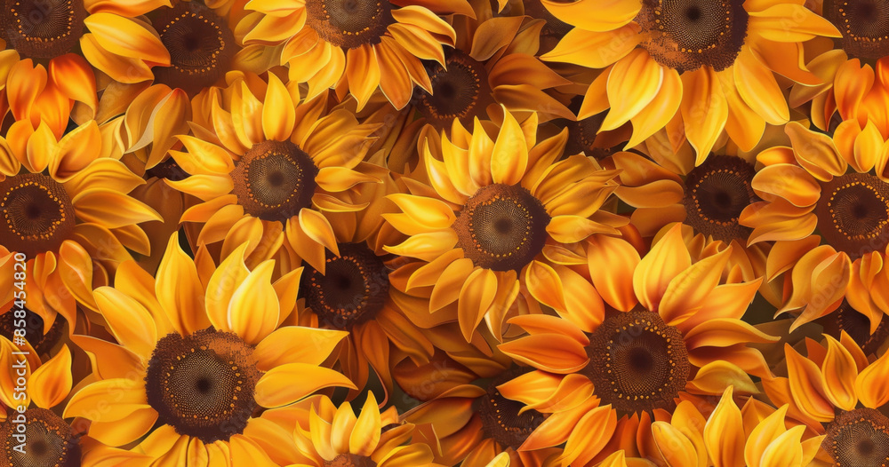 A vibrant background of sunflowers with yellow petals and brown centers A vibrant background of sunflowers with yellow petals and brown centers