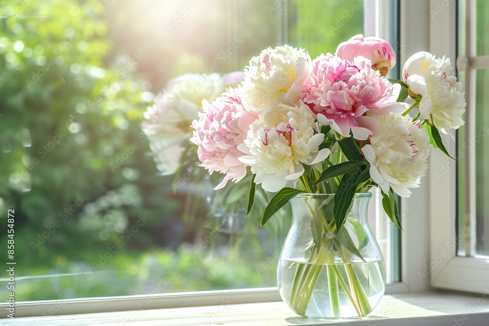 A beautiful bouquet of pink and white peonies in a glass vase by a sunlit window, surrounded by lush greenery A beautiful bouquet of pink and white peonies in a glass vase by a sunlit window, surrounded by lush greenery