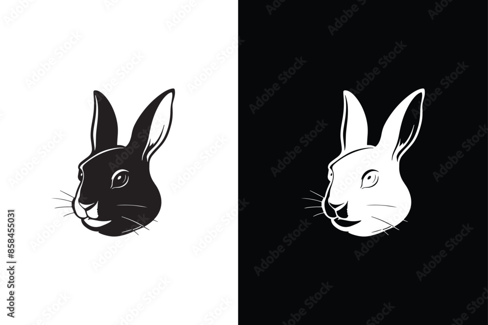 Fototapeta premium Black white side silhouette of a rabbit isolated on white black background.