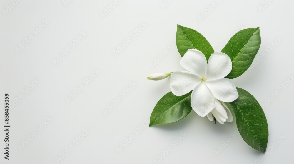 Single jasmine flower with green leaves on white background Single jasmine flower with green leaves on white background