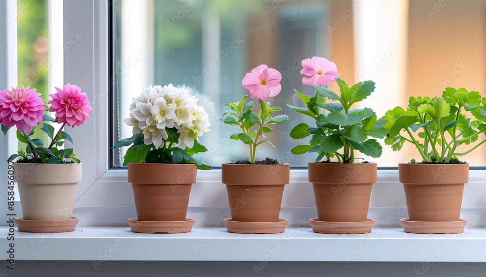 Vibrant Flowers and Lush Greenery in Terracotta Pots by Sunlit Window Vibrant Flowers and Lush Greenery in Terracotta Pots by Sunlit Window