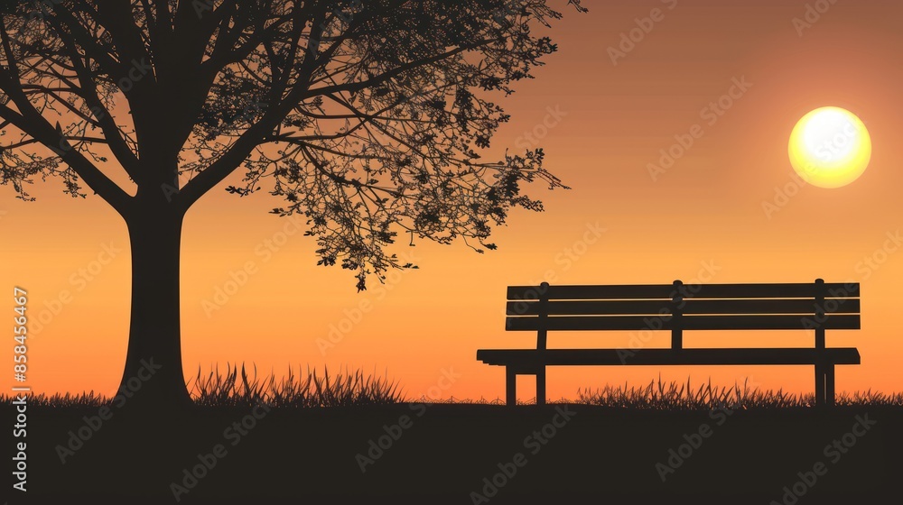 Sunset Silhouette of a Bench and Tree Sunset Silhouette of a Bench and Tree