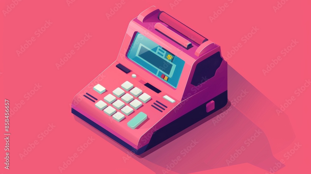Pink cash register icon with isometric perspective Pink cash register icon with isometric perspective