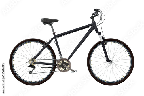 Black bicycle, side view. Black leather saddle and handles. Png clipart isolated on transparent background