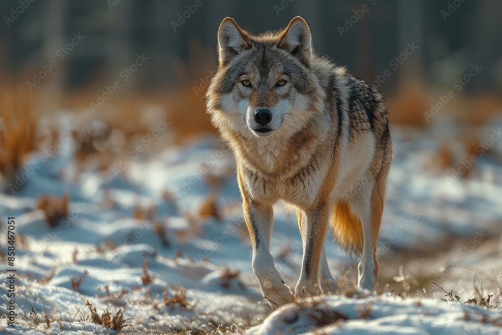 Fototapeta premium Lone wolf in the middle of a snowy forest. Bathed in the moon's ethereal light, a lone wolf's howl pierces the stillness, a melancholic song of the wild.