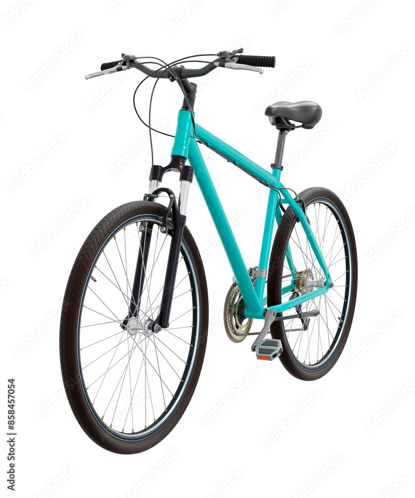 Blue teal bicycle, front side view. Black leather saddle and handles. Png clipart isolated on transparent background Blue teal bicycle, front side view. Black leather saddle and handles. Png clipart isolated on transparent background