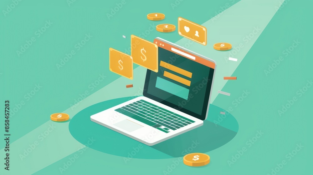 Laptop with dollar signs and a heart icon floating above Laptop with dollar signs and a heart icon floating above