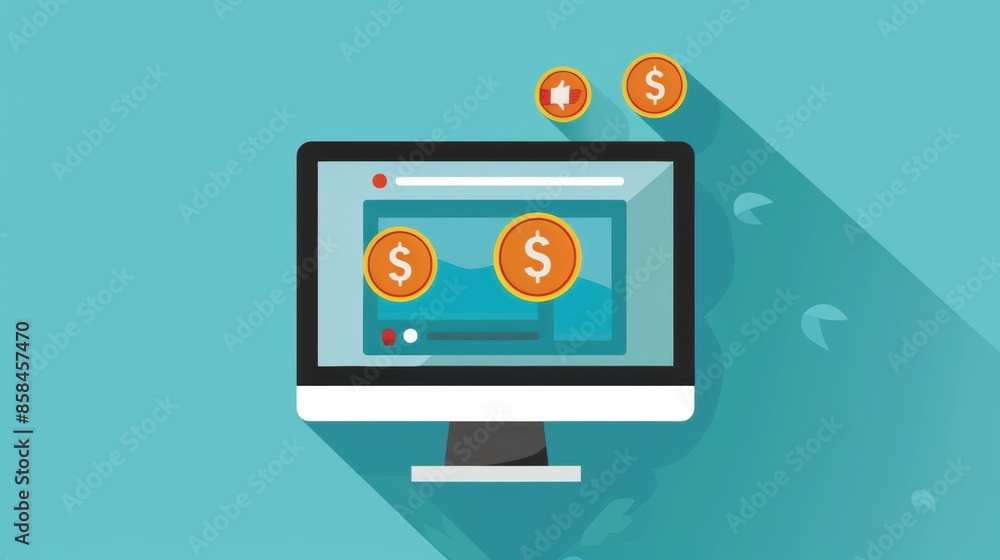 Computer screen displaying online pay per click ad campaign with dollar icons Computer screen displaying online pay per click ad campaign with dollar icons