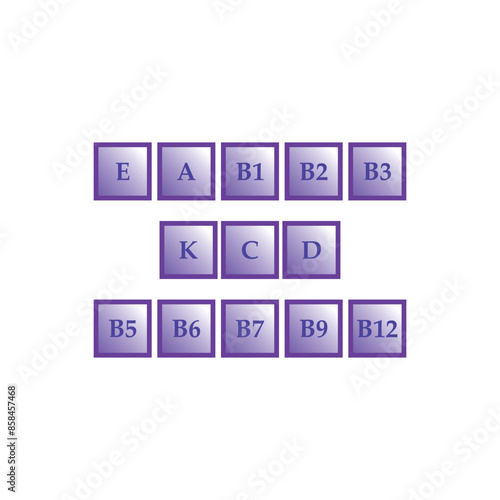 Set of 13  vitamin icons - A, D, E, C, K and group B vitamins - simple icon illustration, graphic element for products, supplements, web design and more.