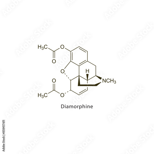 Diamorphine flat skeletal molecular structure Opioid analgesic drug used in Pain treatment. Vector illustration scientific diagram.