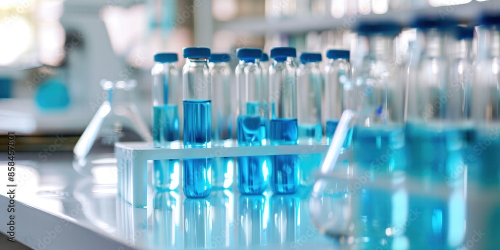 Laboratory glassware filled with blue liquid on a reflective surface in a bright laboratory setting. Scientific and research concepts. Laboratory equipment and chemical analysis concept. Laboratory glassware filled with blue liquid on a reflective surface in a bright laboratory setting. Scientific and research concepts. Laboratory equipment and chemical analysis concept.