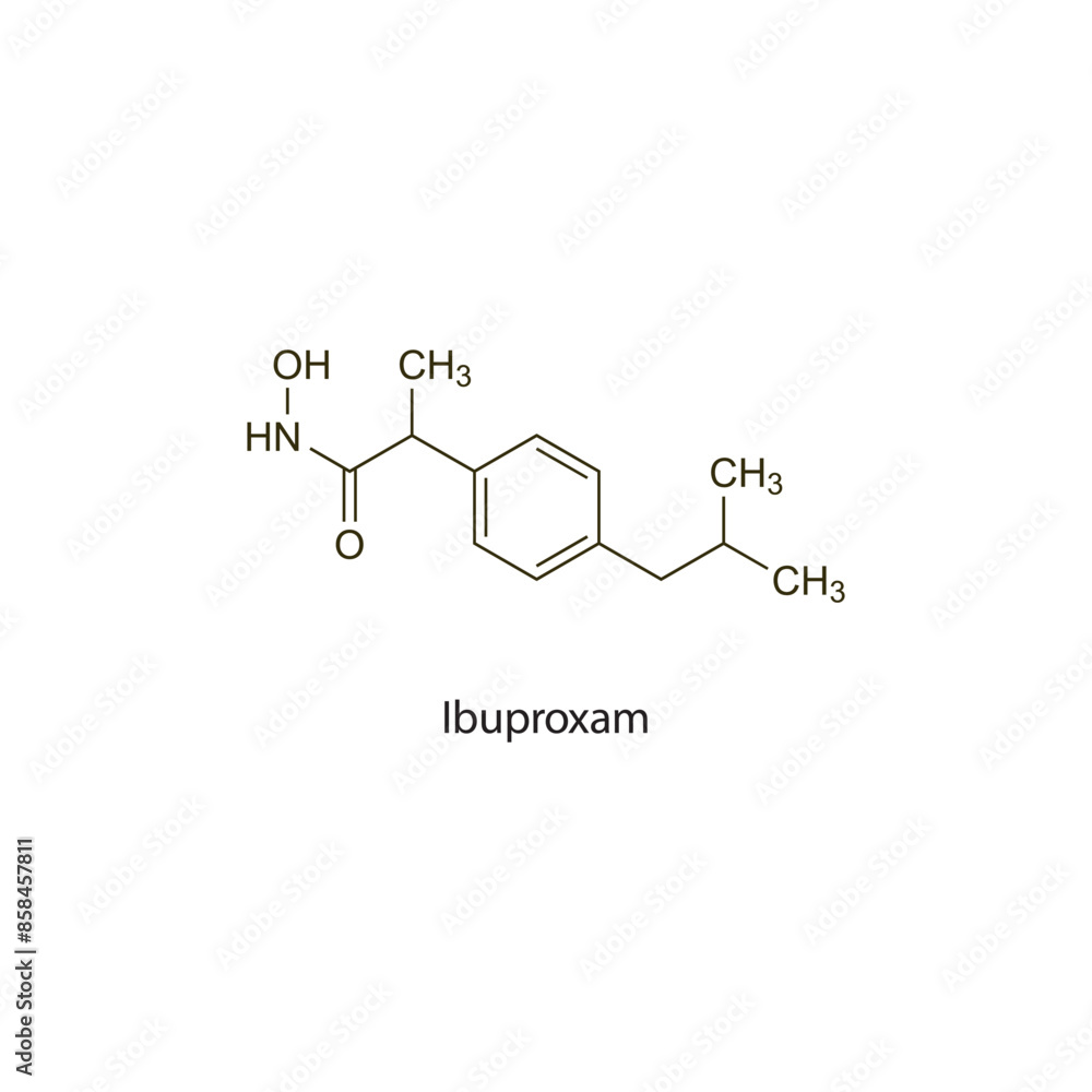 Ibuproxam flat skeletal molecular structure NSAID drug used in Pain treatment. Vector illustration scientific diagram. Ibuproxam flat skeletal molecular structure NSAID drug used in Pain treatment. Vector illustration scientific diagram.