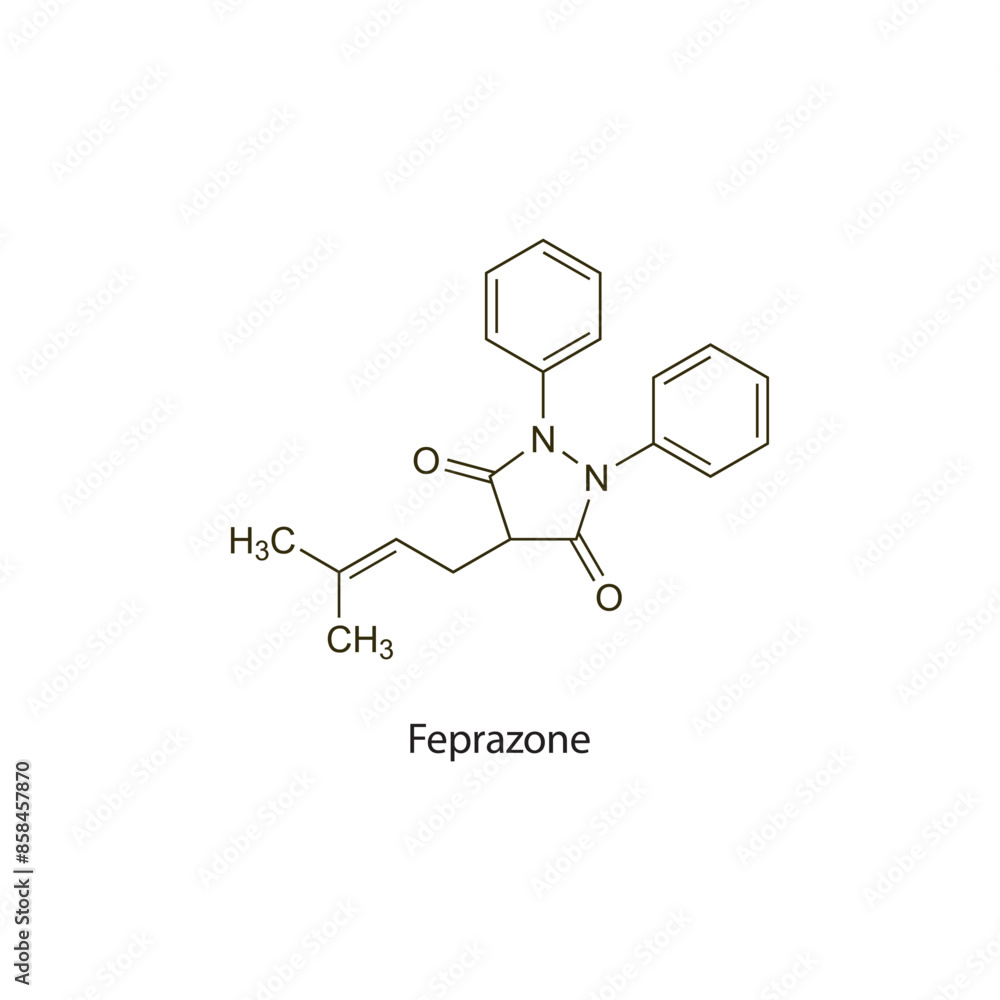 Feprazone flat skeletal molecular structure NSAID drug used in Pain treatment. Vector illustration scientific diagram. Feprazone flat skeletal molecular structure NSAID drug used in Pain treatment. Vector illustration scientific diagram.
