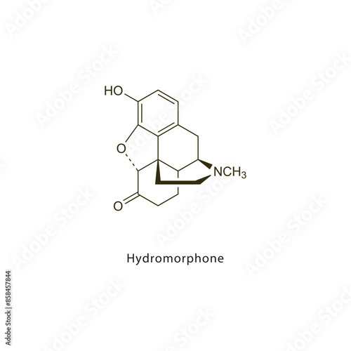 Hydromorphone flat skeletal molecular structure Opioid analgesic drug used in Pain treatment. Vector illustration scientific diagram.