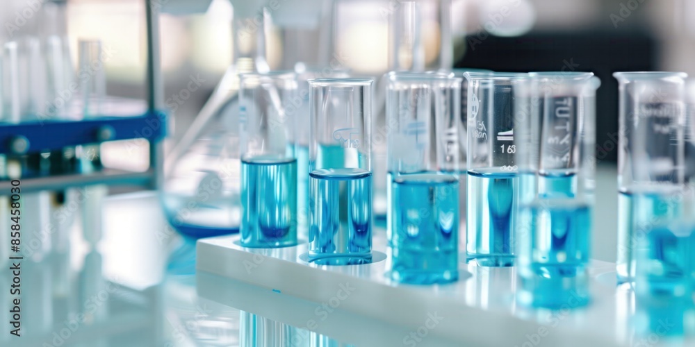 Laboratory glassware filled with blue liquid on a reflective surface in a bright laboratory setting. Scientific and research concepts. Laboratory equipment and chemical analysis concept. Laboratory glassware filled with blue liquid on a reflective surface in a bright laboratory setting. Scientific and research concepts. Laboratory equipment and chemical analysis concept.