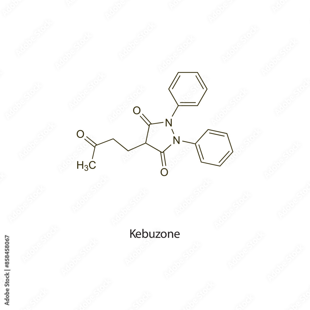 Kebuzone flat skeletal molecular structure NSAID drug used in Pain treatment. Vector illustration scientific diagram. Kebuzone flat skeletal molecular structure NSAID drug used in Pain treatment. Vector illustration scientific diagram.