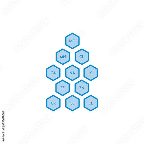 Set of 11 electrolyte icon elements - Calcium, Potassium, Chlorine, Magnesium, Sodium - to use in product, web design, advertisement and more.
