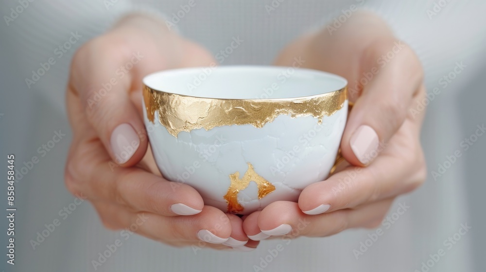 compact luxurious coffee cup with craggy stratified texture in white and gold opulent silhouette female model's hands cradling the cup in minimalist pose clean white background studio lighting compact luxurious coffee cup with craggy stratified texture in white and gold opulent silhouette female model's hands cradling the cup in minimalist pose clean white background studio lighting