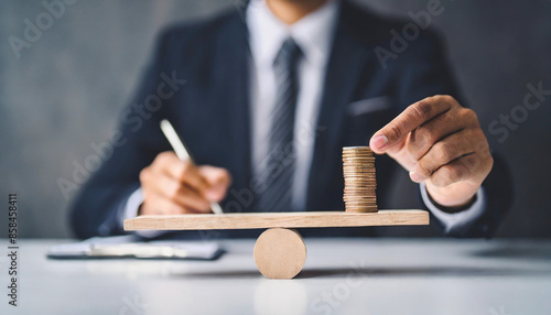 businessperson stands blurred in the background while focusing on balancing stacked coins on a seesaw, symbolizing financial stability, balance, and economic decision-making in business photo