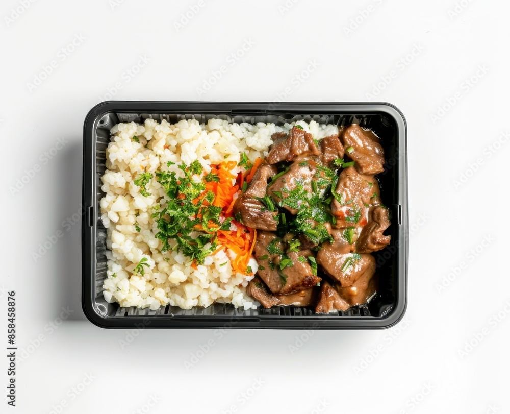 Beef Stew with Rice and Carrot in a Black Container Beef Stew with Rice and Carrot in a Black Container