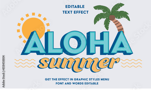 Editable text effect Summer, sun, palm tree, beach waves