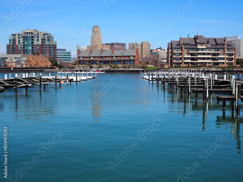 Calm city dockside oasis in downtown Buffalo city, USA