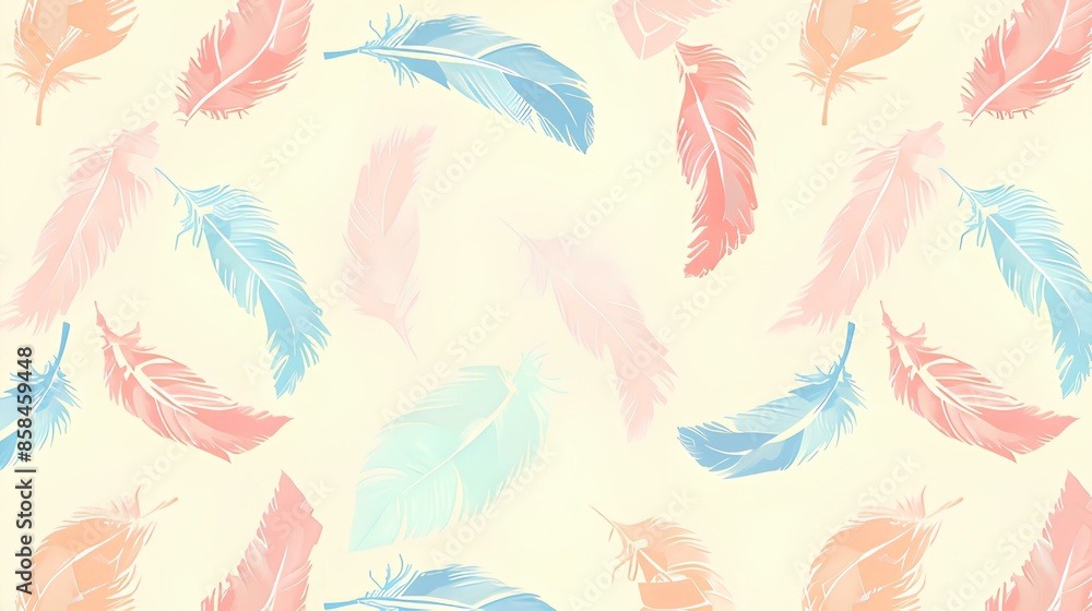 A minimal background featuring a simple repeating pattern of pastel-colored feathers in soft orange, blue, pink, and yellow hues. A minimal background featuring a simple repeating pattern of pastel-colored feathers in soft orange, blue, pink, and yellow hues.