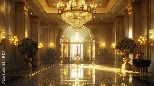 luxurious entry hall with a large custom chandelier whose light intensity can be adjusted to create different ambiances for different occasions photo