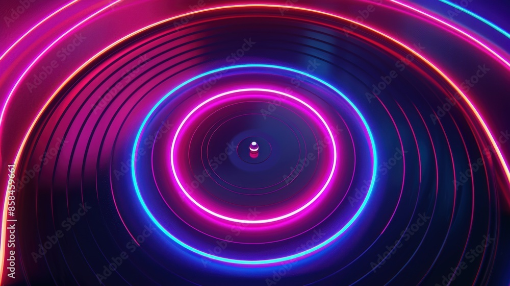 Colorful neon circles glowing in a dark room Colorful neon circles glowing in a dark room