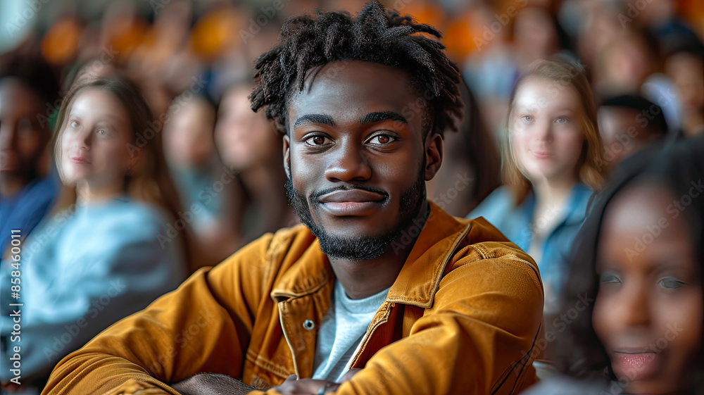 Confident University Student in Lecture Hall - Engaged Learning Environment Confident University Student in Lecture Hall - Engaged Learning Environment