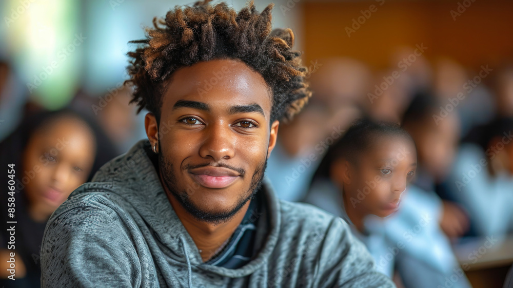 Obraz premium Happy Male University Student Attending Lecture